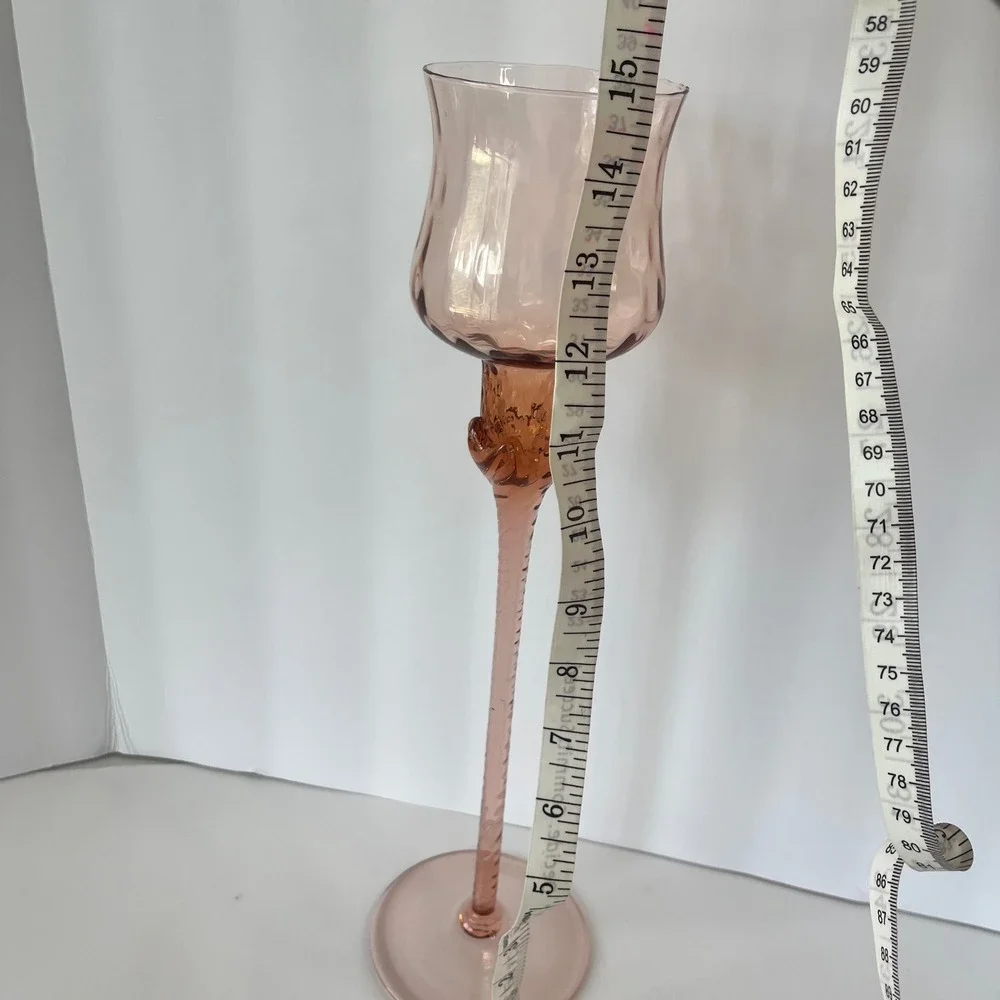 Vintage Pink Hand Blown Glass Tall Twisted Stem Tulip Candle Holder‎ 15.5 Inch